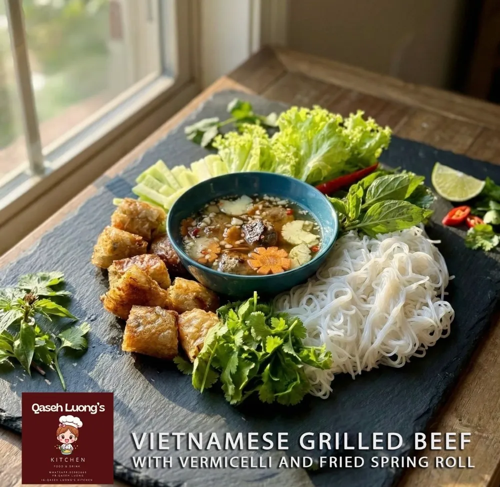 VIETNAMESE GRILLED BEEF WITH VERMICELLI AND FRIED SPRING ROLL